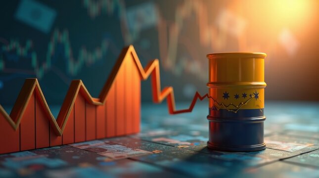 Visualizaci&oacute;n de la volatilidad del precio del petr&oacute;leo con gr&aacute;fico de l&iacute;neas e icono de barril, contexto financiero con tem&aacute;tica venezolana