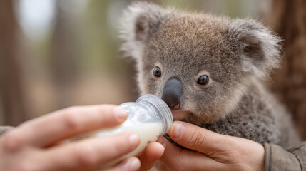 Baby koala feeding at forest camp with volunteer caregiver