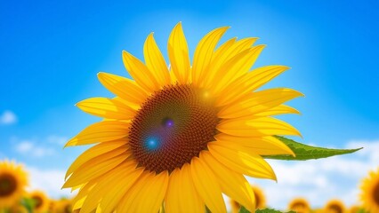Bright yellow sunflower against a clear blue sky with sunlight. Natural summer flower photography symbolizing happiness, warmth, growth, and positivity.