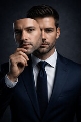 Businessman placing artificial face over real face symbolizing deepfake identity manipulation multiple personality and digital deception concept
