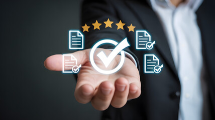 Digital business concept showing a hand presenting glowing icons of documents with checkmarks and five golden stars above