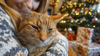 A woman embracing an orange cat, with a decorated Christmas tree in background