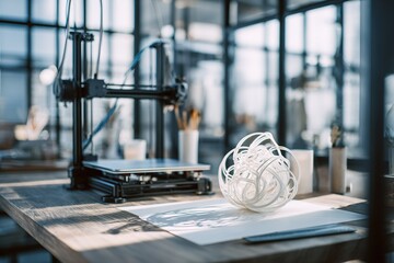 3D printer in a workshop creating a white sculpture while sunlight shines through large windows