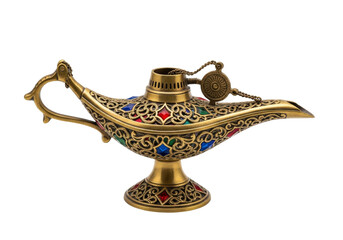 ornate golden genie lamp with colorful gems