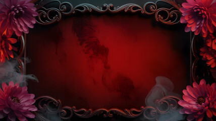 Dark red floral frame with ornate baroque border and dramatic smoky background copy space