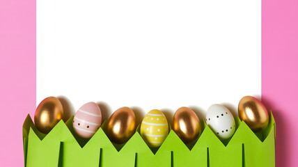 Decorated Easter eggs in green paper fence with large white copy space on pink background