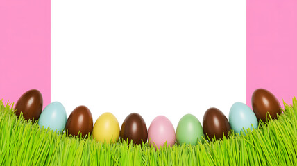 Chocolate Easter eggs in green grass with large white copy space and pink background