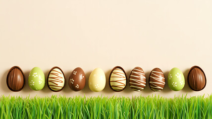 Chocolate Easter eggs in a row on green grass with beige background and copy space