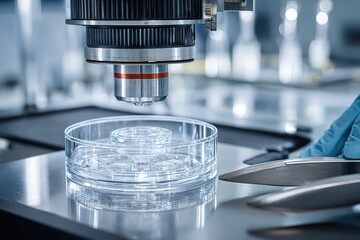 Scientist working with microscope over petri dish in laboratory for research and analysis of samples