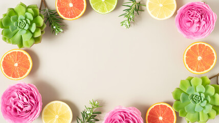 Fresh citrus fruits, succulents and pink flowers frame on beige background with copy space