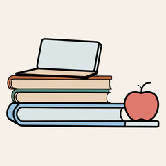 Laptop, books, apple isolated on white background Vector