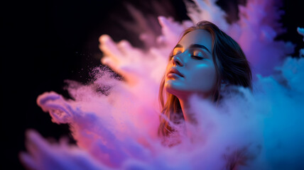 Serene female portrait surrounded by colorful powder clouds on dark background