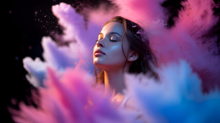 Serene female portrait surrounded by colorful powder clouds on dark background