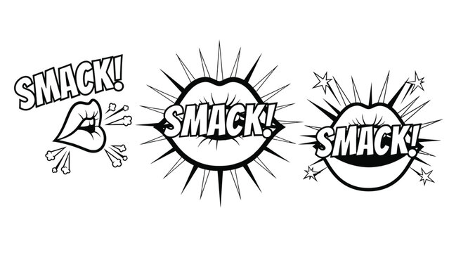 A set of colorful comic book style lips smacking illustrations with text