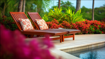 Luxury wooden sun loungers with pillows by tropical poolside garden