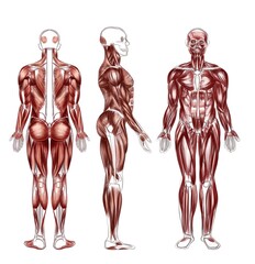 Artistic stylized illustration of human muscle anatomy showing front, back and side views. Suitable for anatomy studies, fitness concepts, art reference, illustration projects and visual learning