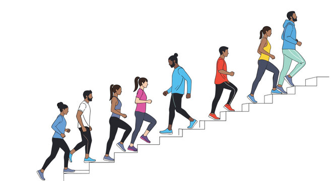 Group of diverse men and women in athletic clothing walking or running up a set of white stairs representing growth and progress.