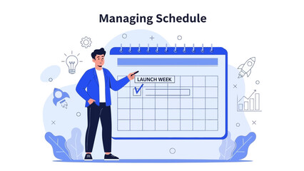 Man managing launch week schedule on calendar, planning business project, startup launch