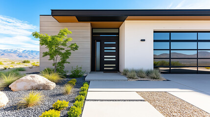 Modern house entrance with minimalist desert landscaping and contemporary facade