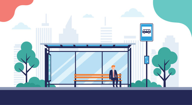 Businessman sitting alone on a wooden bench at a city bus stop with skyscrapers and trees in a minimalist cityscape.