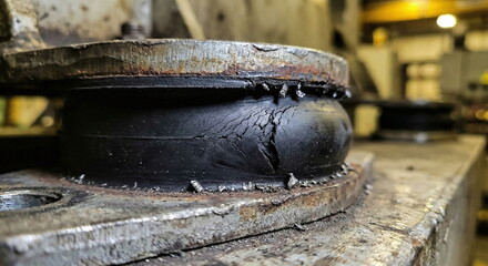 Close-up of a damaged industrial rubber vibration isolator mount with visible cracks and metallic debris