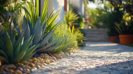 Modern garden pathway with decorative stones and lush green plants in sunlight