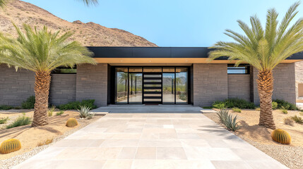 Modern luxury house entrance with palm trees and minimalist desert landscaping