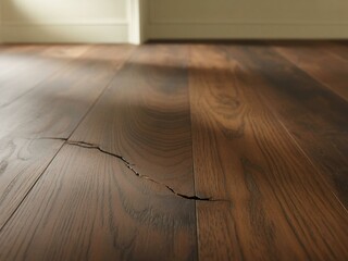 A close-up shot of a wide-plank wooden floor with a dark walnut stain. The smooth surface catches the light, emphasizing the deep, rich color and subtle grain patterns. A small crack in one plank adds