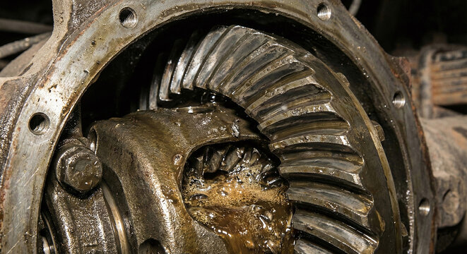 Close-up of a damaged vehicle differential showing heavily worn gear teeth and contaminated oil filled with metallic shavings