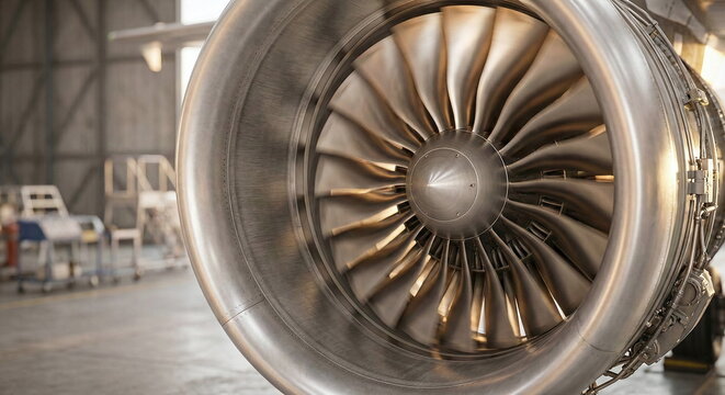 Close-up of a modern aircraft turbofan engine with spinning titanium blades in a hangar environment