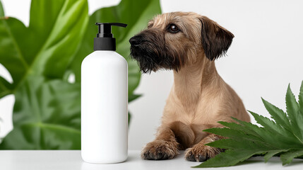 Dog next to white grooming bottle with blank label copy space and natural green leaves
