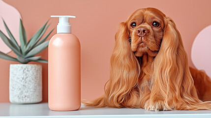 Golden dog next to grooming bottle with blank label copy space on pastel background
