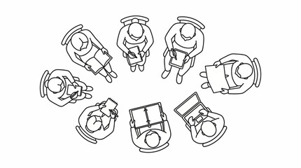 Vector Teamwork Table Illustration – Top-Down Collaborative Scene with Seated Figures for Business, Education, and Group Interaction Design Themes