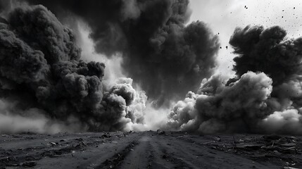 Black and white landscape showing explosion with massive smoke clouds and a dirt road