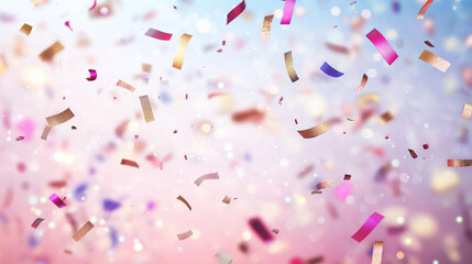 Festive confetti background with colorful falling ribbons and soft bokeh lights