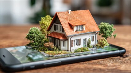 A smartphone displays a miniature white house with an orange roof, surrounded by lush greenery on its screen