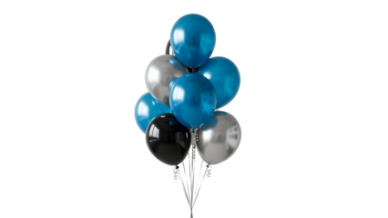 Celebratory balloons in blue, silver, and black