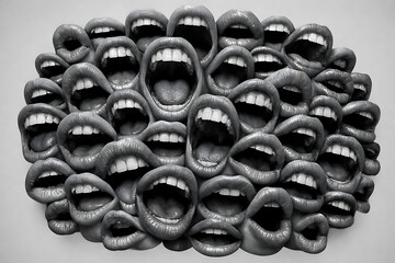Contemporary art collage featuring screaming mouths. Communication concept, public opinion, public speaking, society, media. Message. Social media announcing 