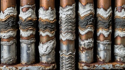 Severe calcium carbonate buildup and mineralization on a vertical array of industrial copper pipes