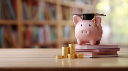 Piggy bank wearing a graduation cap on books with stacked coins, illustrating education savings with copy space