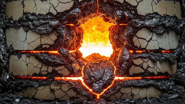 Molten core and cracked refractory lining of a high-temperature industrial furnace