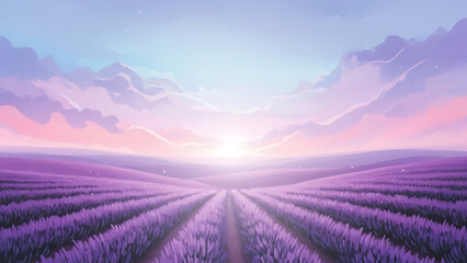 Lavender field landscape at sunrise with pastel sky and clouds  