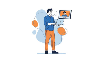 Man on Laptop Video Call, Remote Communication, Online Meeting Illustration