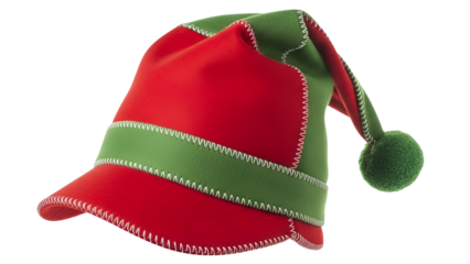 Red and green elf hat with pom pom