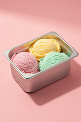 Colorful ice cream scoops in silver container on pink background