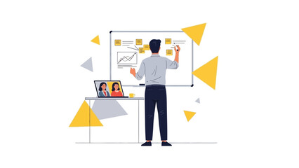 Man planning on whiteboard with remote team on laptop, business strategy concept