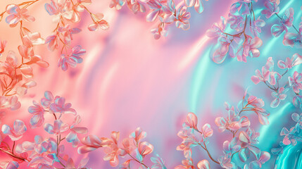 Pastel floral frame with delicate blossoms and soft gradient background with copy space