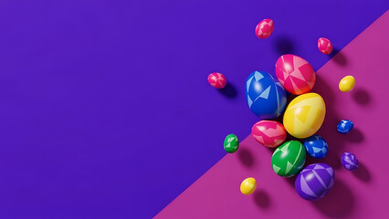 Colorful Easter eggs scattered on purple and pink background  