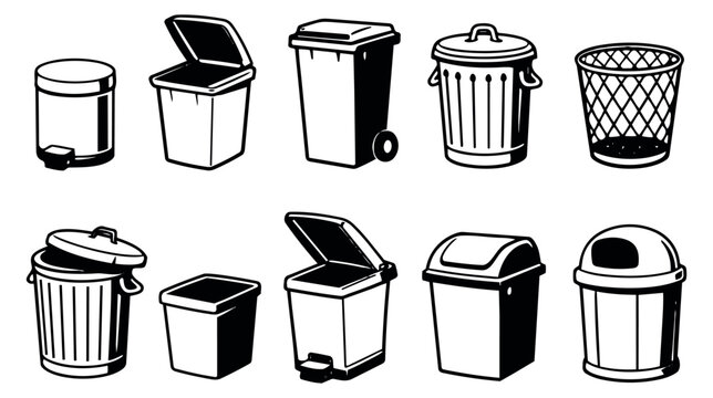 Hand drawn line art trash can set featuring different types of waste and recycling containers for waste management and disposal