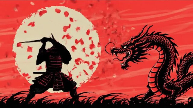 A samurai stands under a blooming tree, sword drawn, with a large sun behind him